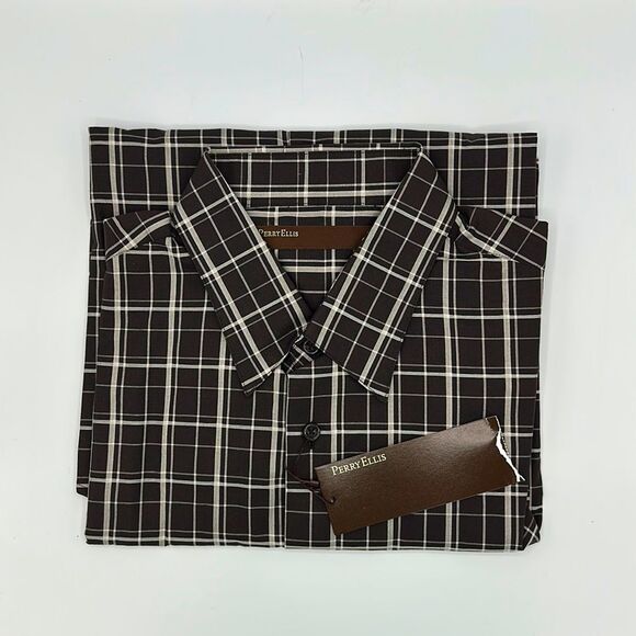 Perry Ellis Shirt Large Button Down Brown Plaid NWT - Picture 1 of 11